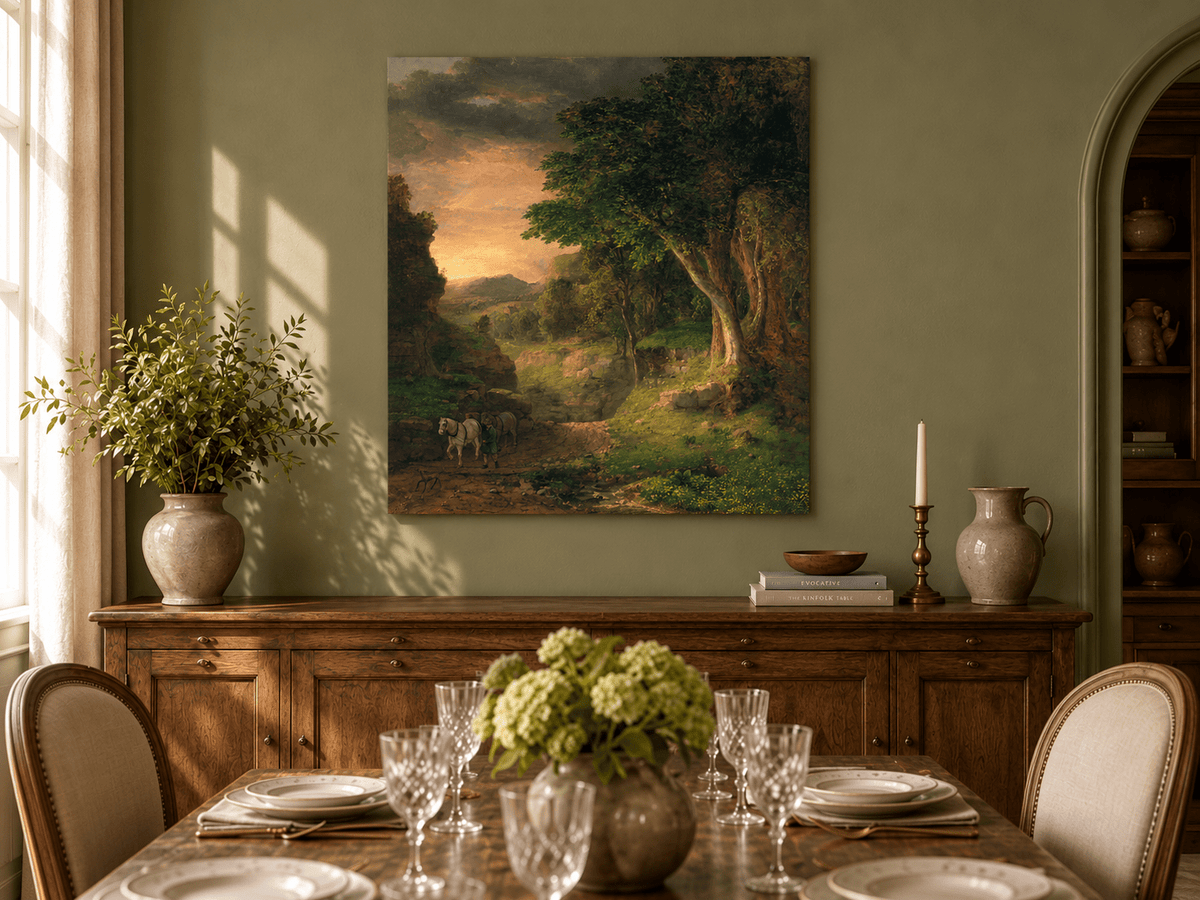 Landscape Oil Painting - Dusk Valley with Groom & Horses