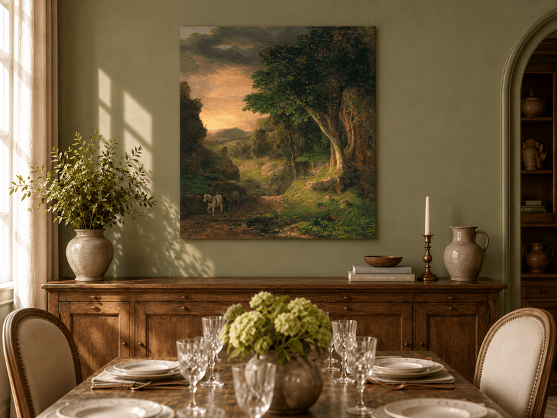 Landscape Oil Painting - Dusk Valley with Groom & Horses