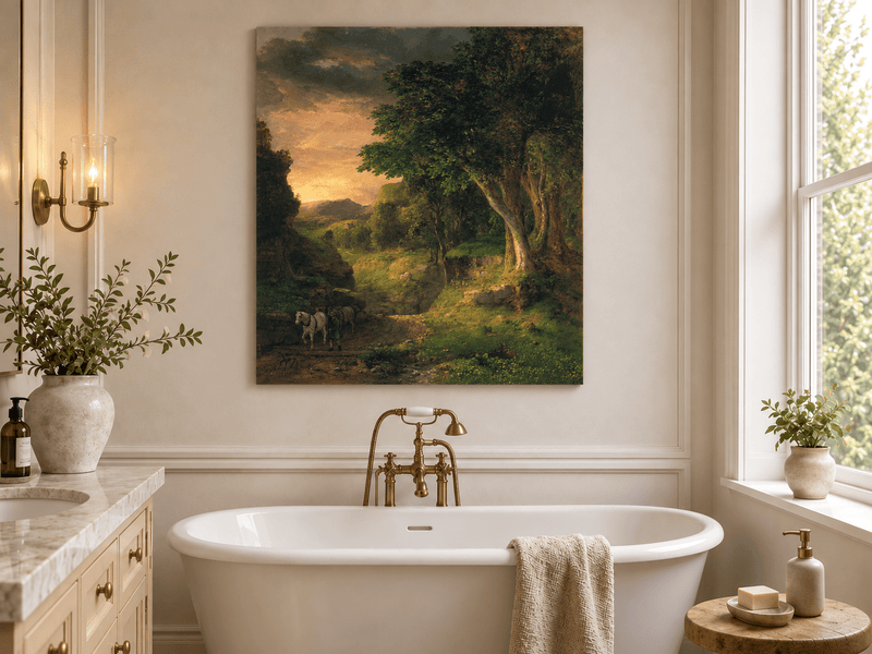 Landscape Oil Painting - Dusk Valley with Groom & Horses