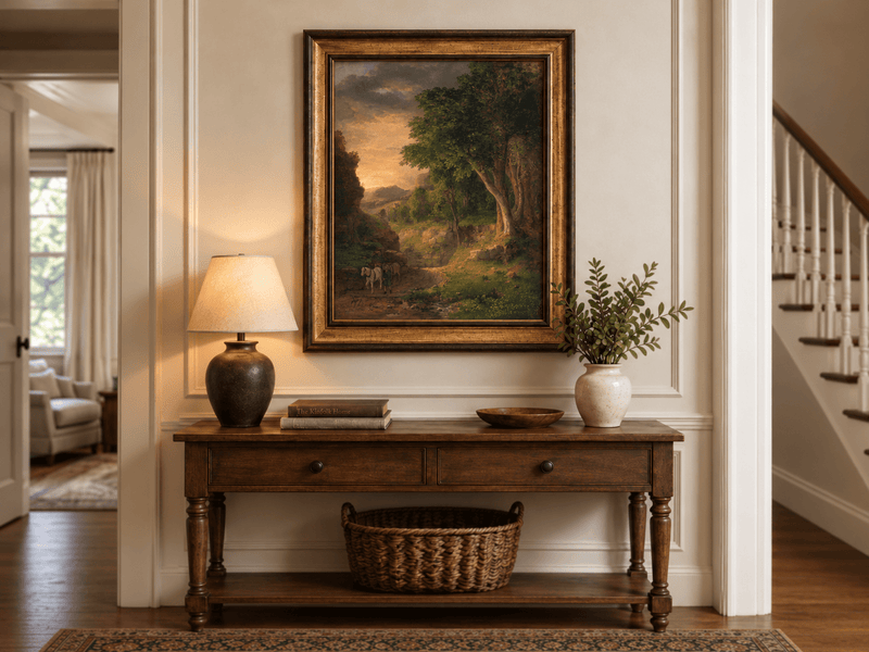 Landscape Oil Painting - Dusk Valley with Groom & Horses