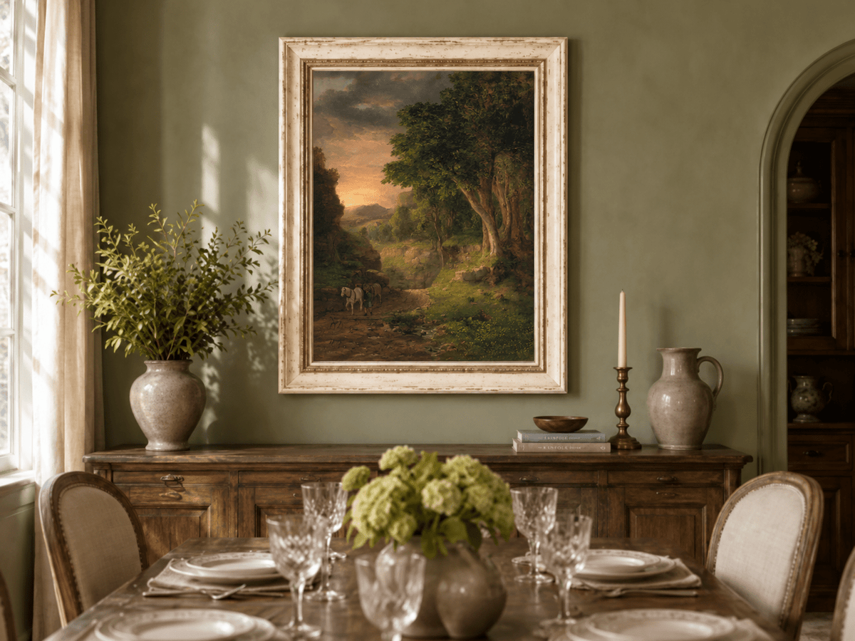 Landscape Oil Painting - Dusk Valley with Groom & Horses
