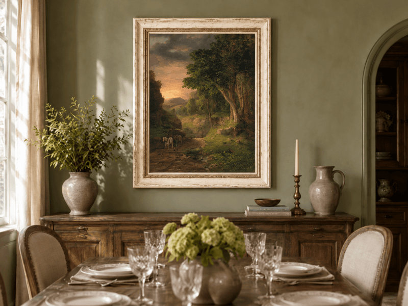 Landscape Oil Painting - Dusk Valley with Groom & Horses