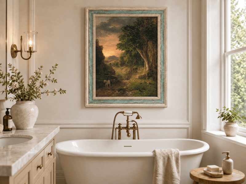 Landscape Oil Painting - Dusk Valley with Groom & Horses
