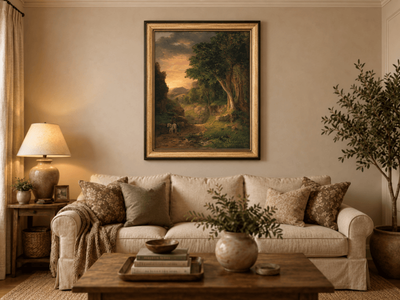 Landscape Oil Painting - Dusk Valley with Groom & Horses