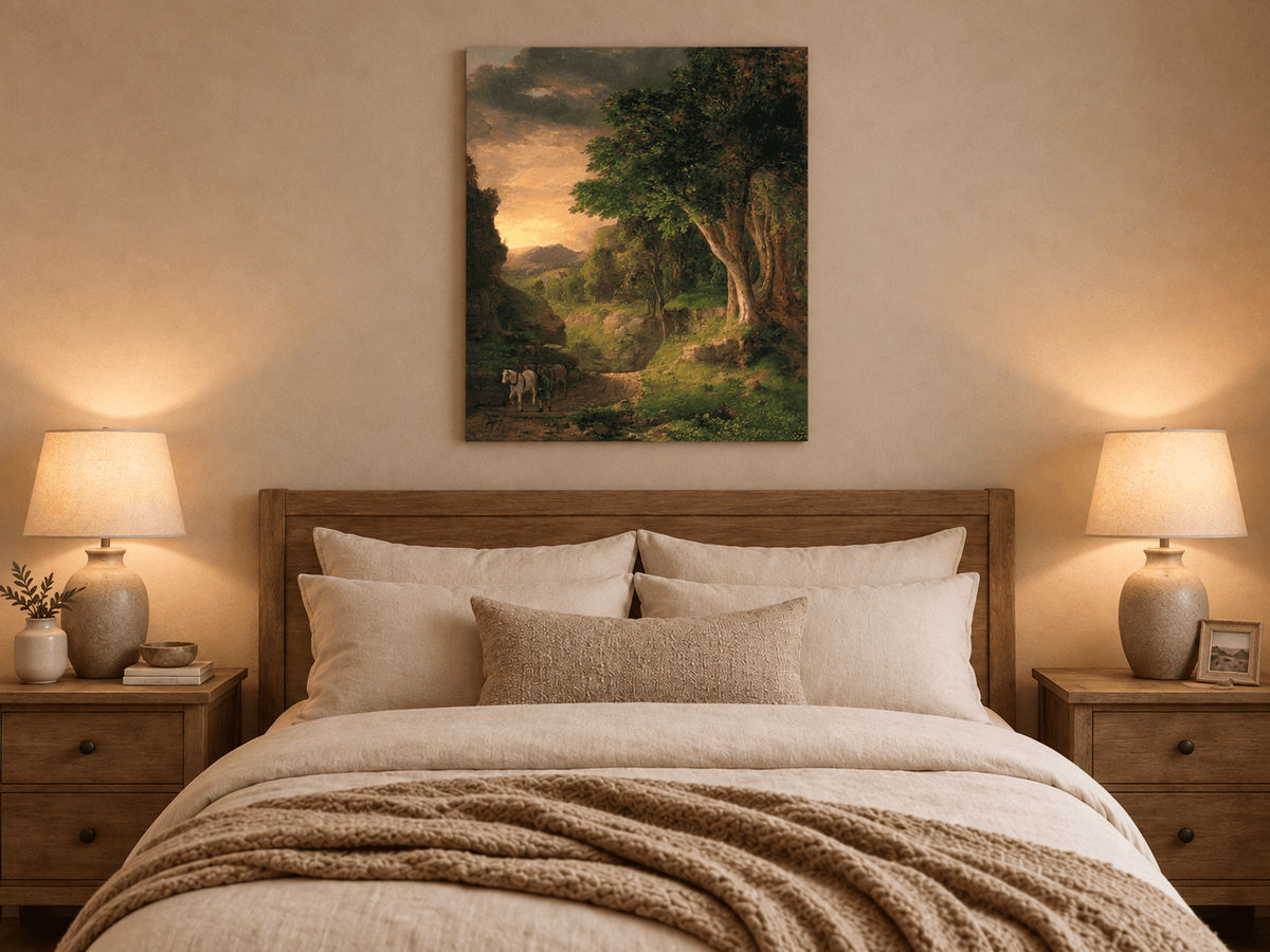 Landscape Oil Painting - Dusk Valley with Groom & Horses