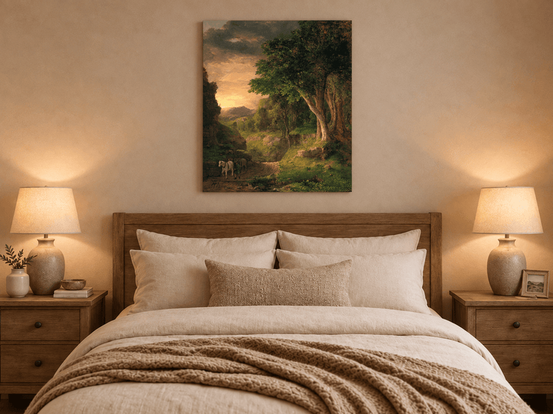 Landscape Oil Painting - Dusk Valley with Groom & Horses