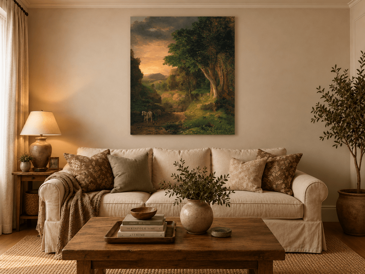 Landscape Oil Painting - Dusk Valley with Groom & Horses