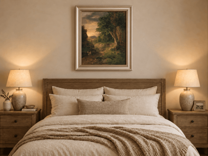 Landscape Oil Painting - Dusk Valley with Groom & Horses