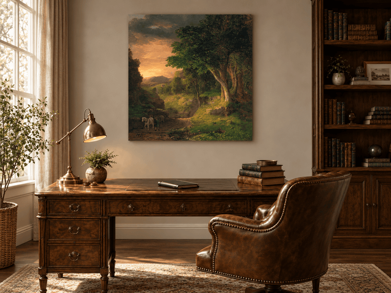Landscape Oil Painting - Dusk Valley with Groom & Horses