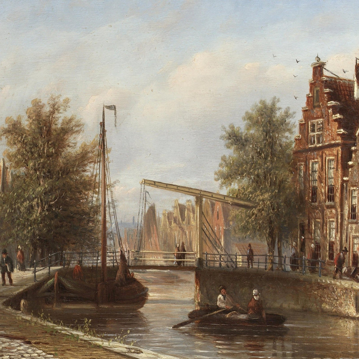 Hand-painted dutch canal bridge and brick houses landscape oil painting on canvas