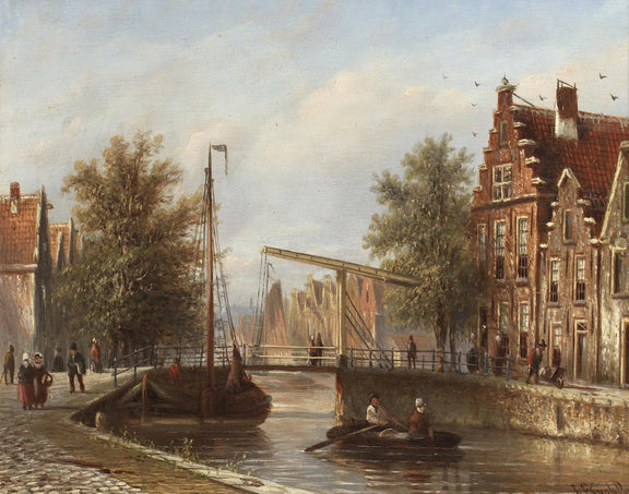 Hand-painted dutch canal bridge and brick houses landscape oil painting on canvas