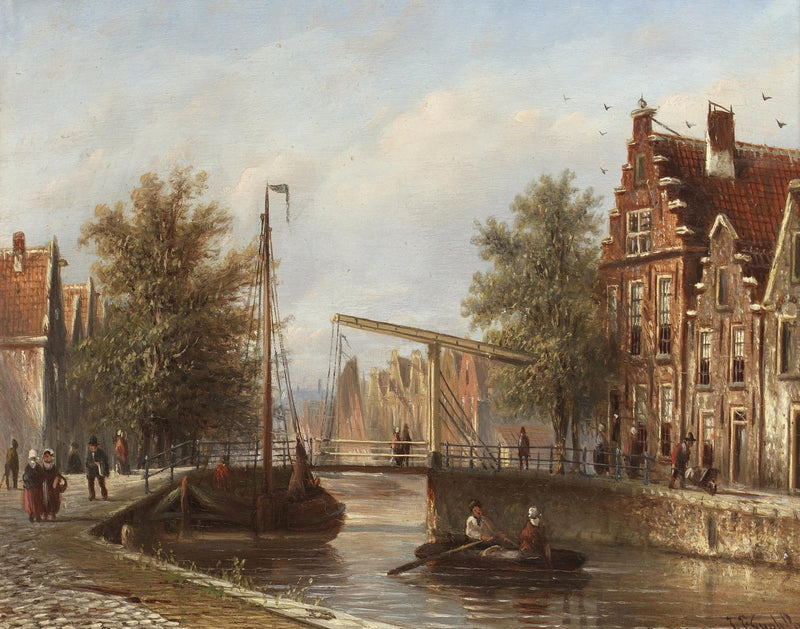 Hand-painted dutch canal bridge and brick houses landscape oil painting on canvas