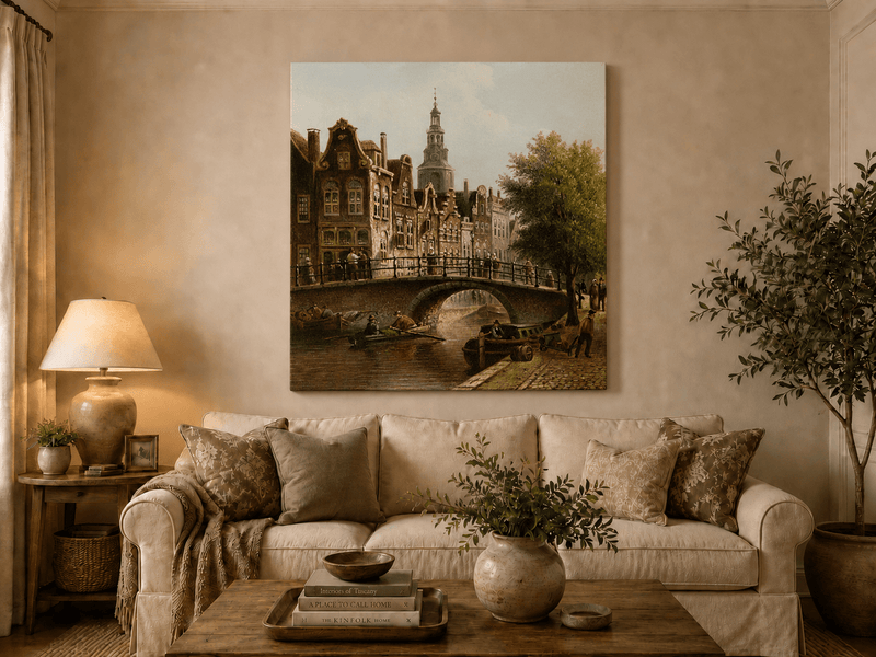 Peinture à l'huile de paysage - Rivière printanière avec pêcheur et arbres