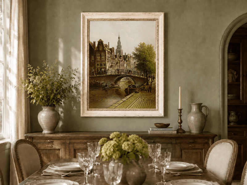 Peinture à l'huile de paysage - Rivière printanière avec pêcheur et arbres