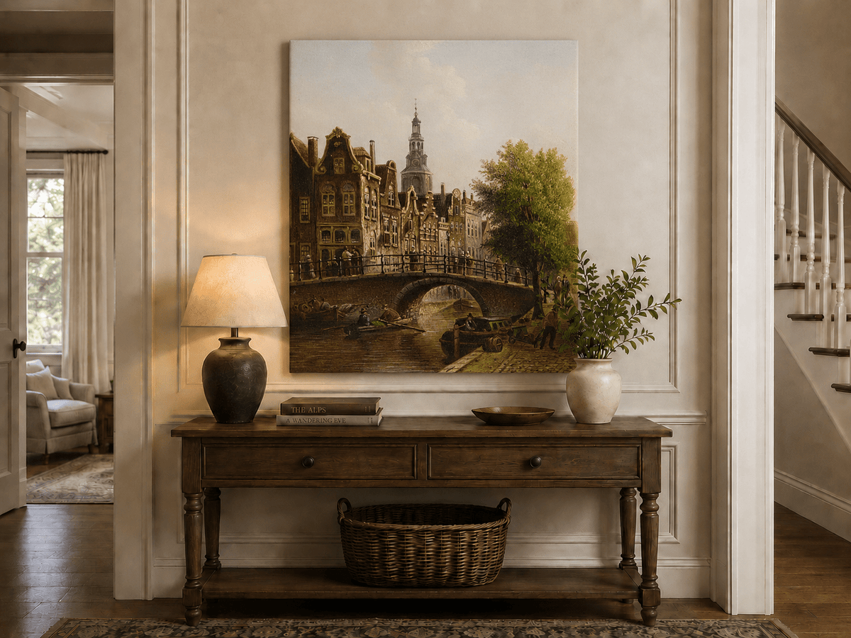 Peinture à l'huile de paysage - Rivière printanière avec pêcheur et arbres