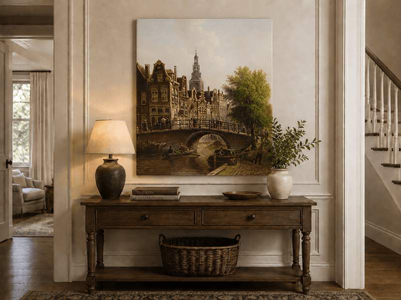 Peinture à l'huile de paysage - Rivière printanière avec pêcheur et arbres
