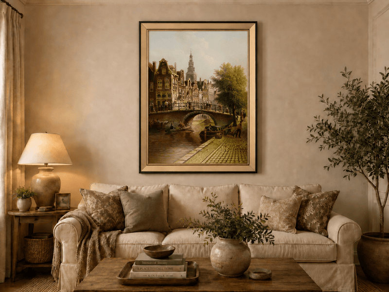 Peinture à l'huile de paysage - Rivière printanière avec pêcheur et arbres