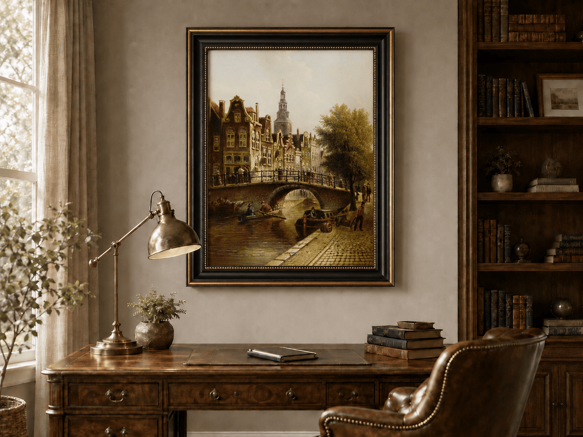 Peinture à l'huile de paysage - Rivière printanière avec pêcheur et arbres