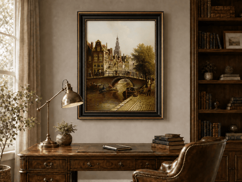 Peinture à l'huile de paysage - Rivière printanière avec pêcheur et arbres