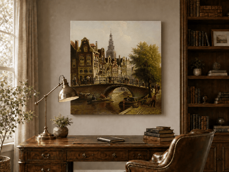 Peinture à l'huile de paysage - Rivière printanière avec pêcheur et arbres