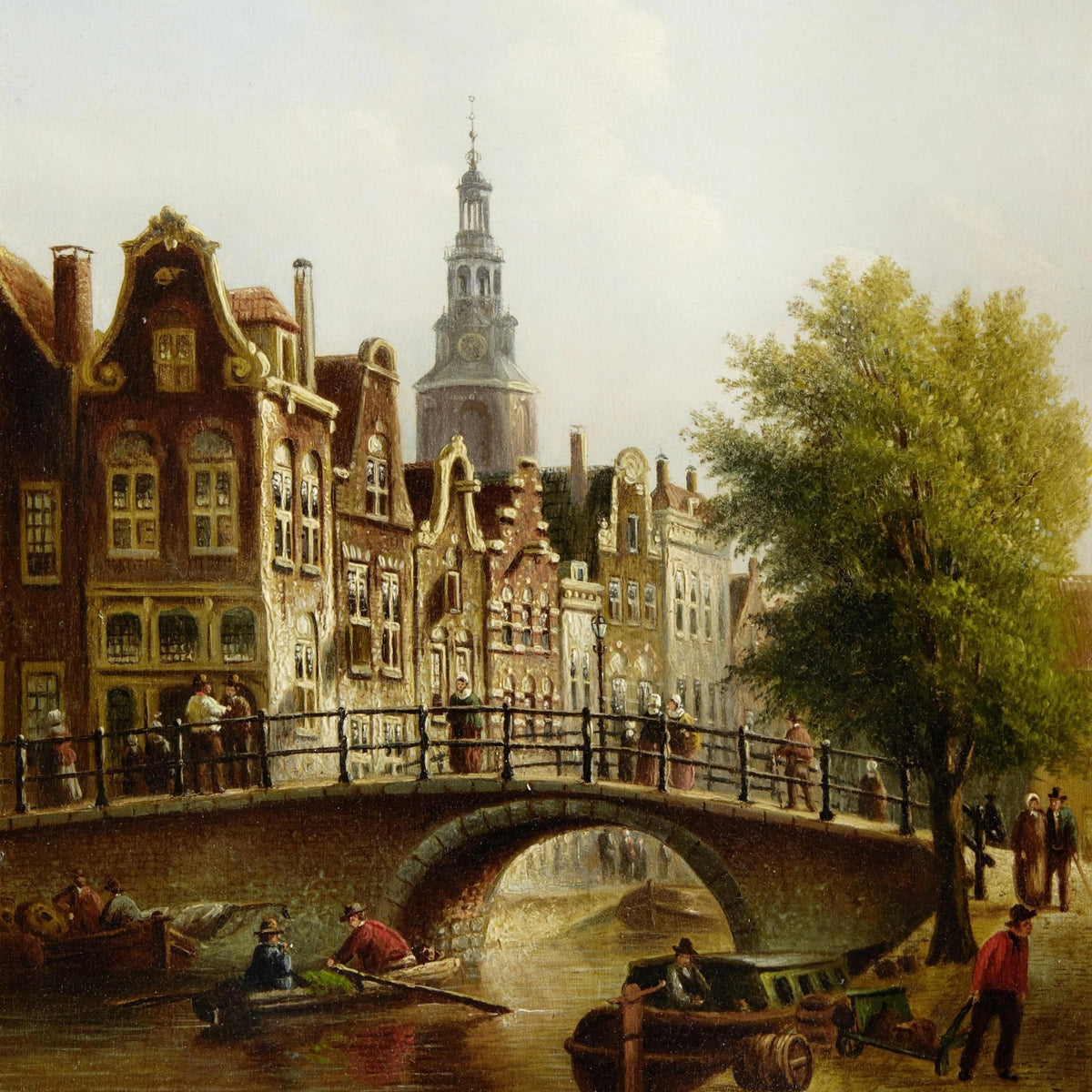Landscape Oil Painting - Dutch Canal Bridge and Church Tower - Oil Painting Haven