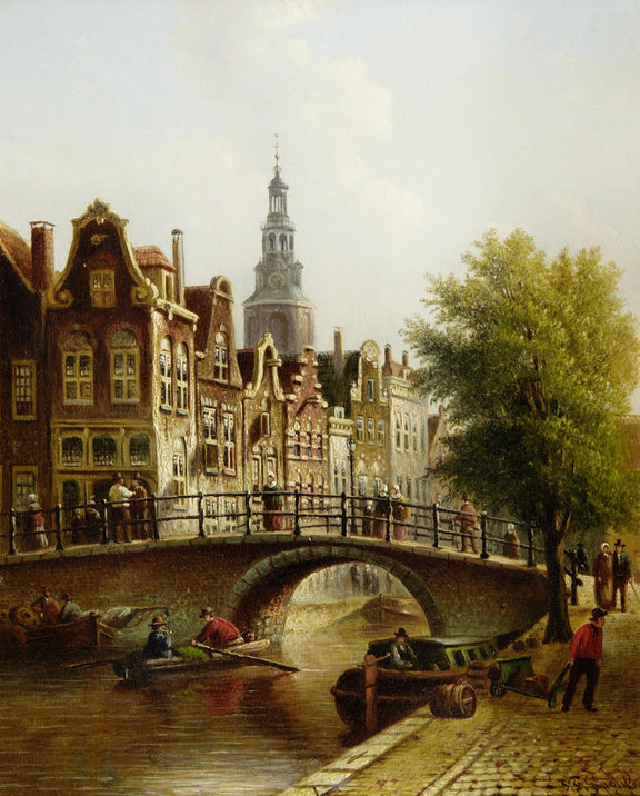 Landscape Oil Painting - Dutch Canal Bridge and Church Tower - Oil Painting Haven