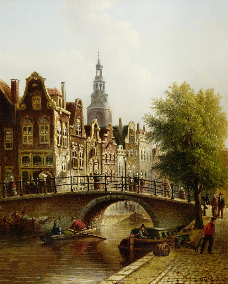 Landscape Oil Painting - Dutch Canal Bridge and Church Tower - Oil Painting Haven