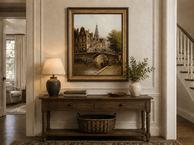 Peinture à l'huile de paysage - Rivière printanière avec pêcheur et arbres