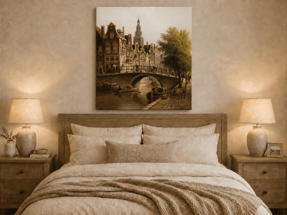 Peinture à l'huile de paysage - Rivière printanière avec pêcheur et arbres