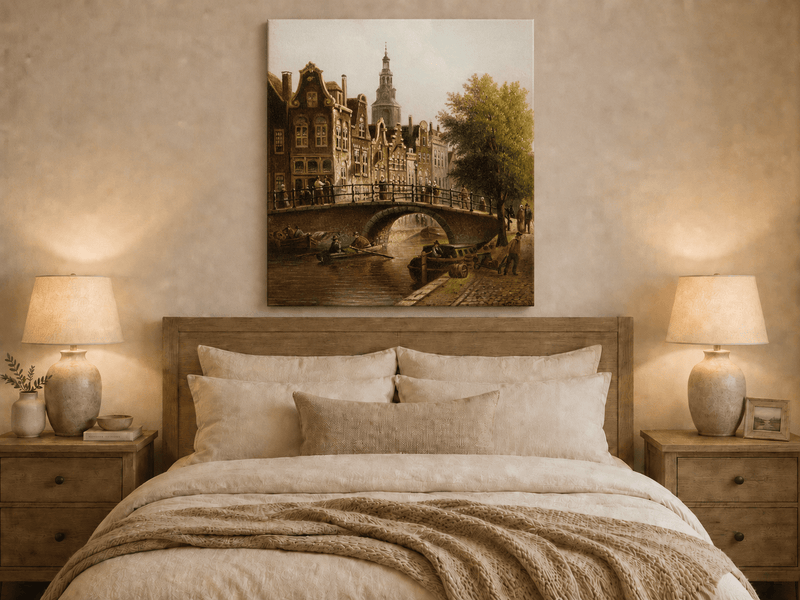 Peinture à l'huile de paysage - Rivière printanière avec pêcheur et arbres