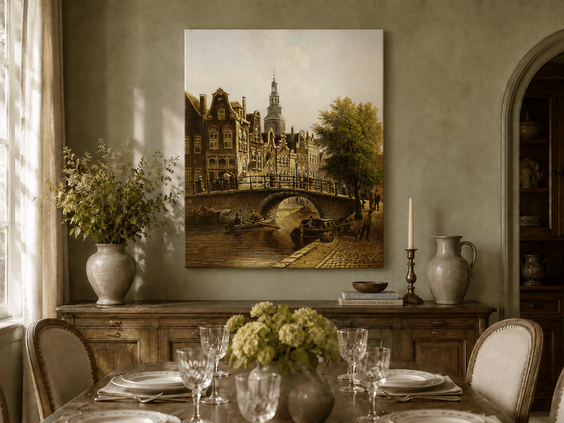 Peinture à l'huile de paysage - Rivière printanière avec pêcheur et arbres