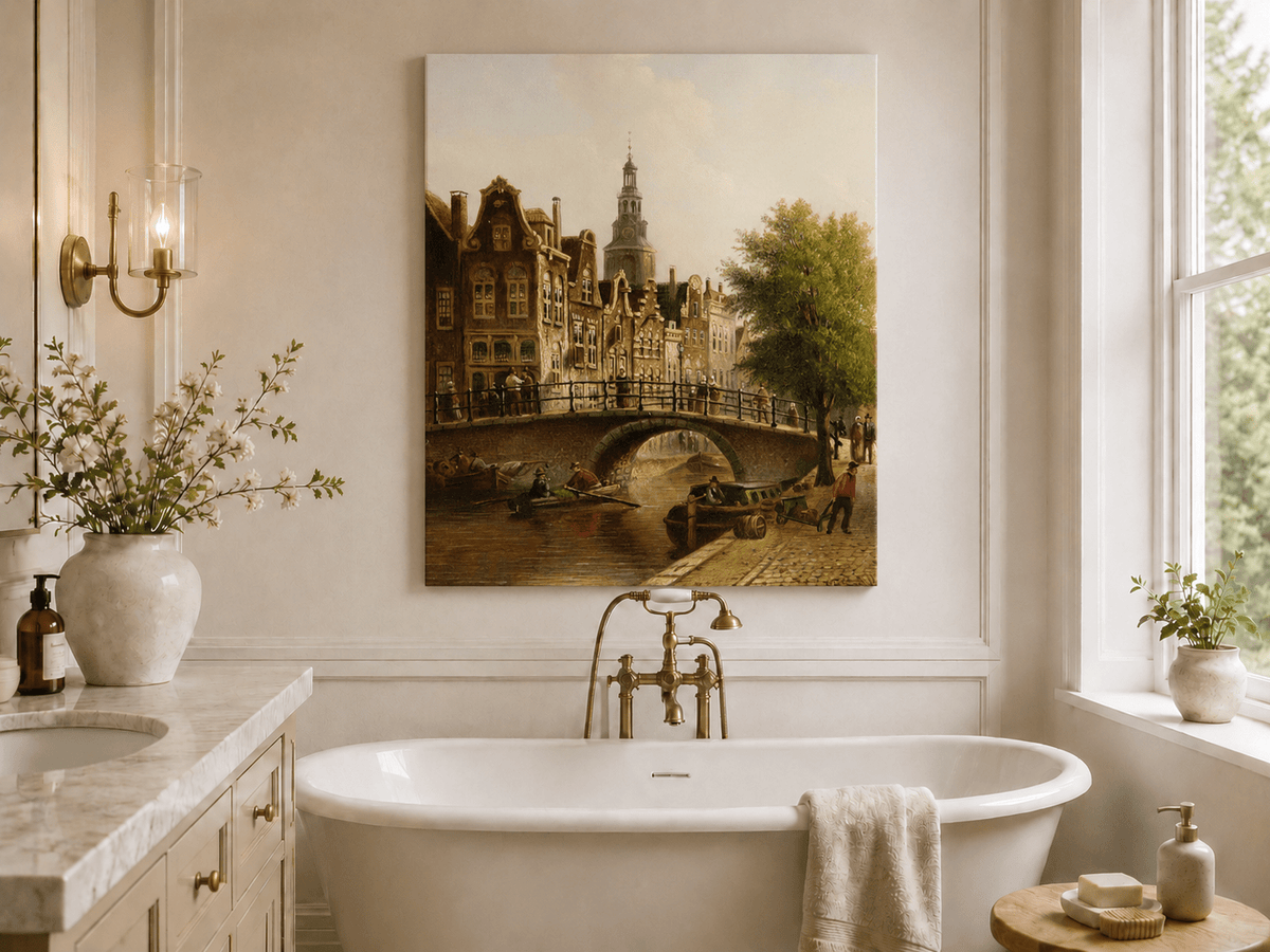 Peinture à l'huile de paysage - Rivière printanière avec pêcheur et arbres