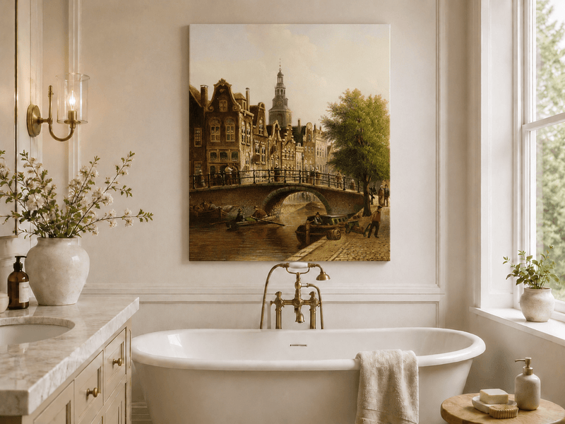Peinture à l'huile de paysage - Rivière printanière avec pêcheur et arbres