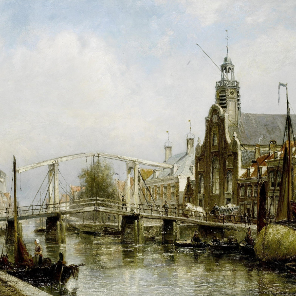 Hand-painted dutch canal bridge and church view landscape oil painting on canvas