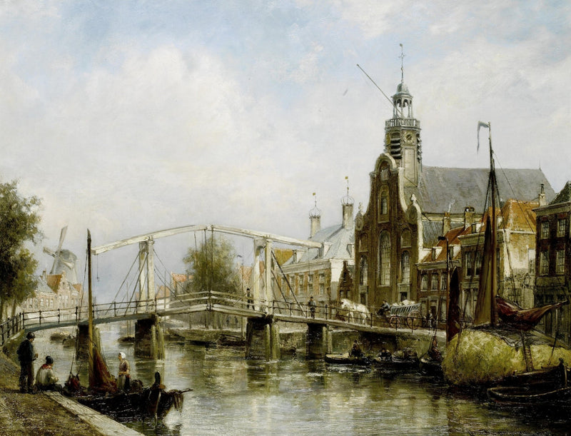 Hand-painted dutch canal bridge and church view landscape oil painting on canvas