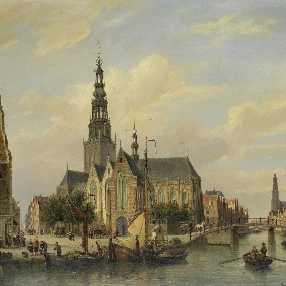 Hand-painted dutch canal church and boats scene landscape oil painting on canvas