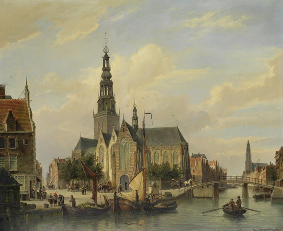 Hand-painted dutch canal church and boats scene landscape oil painting on canvas