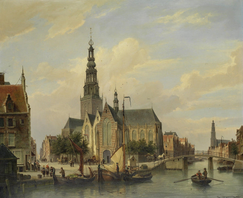 Hand-painted dutch canal church and boats scene landscape oil painting on canvas