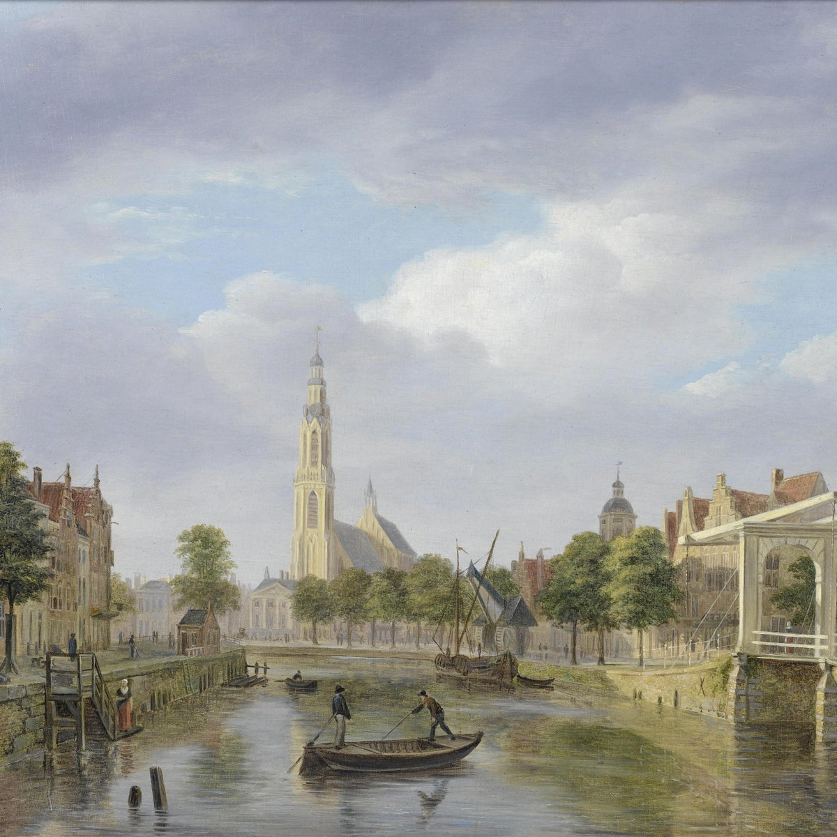 Landscape Oil Painting - Dutch canal city & church tower, canal boats - Oil Painting Haven