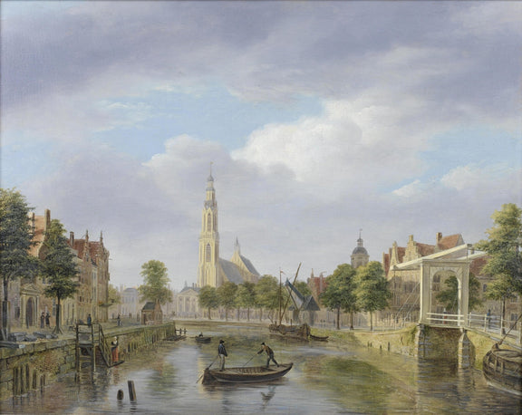 Landscape Oil Painting - Dutch canal city & church tower, canal boats - Oil Painting Haven