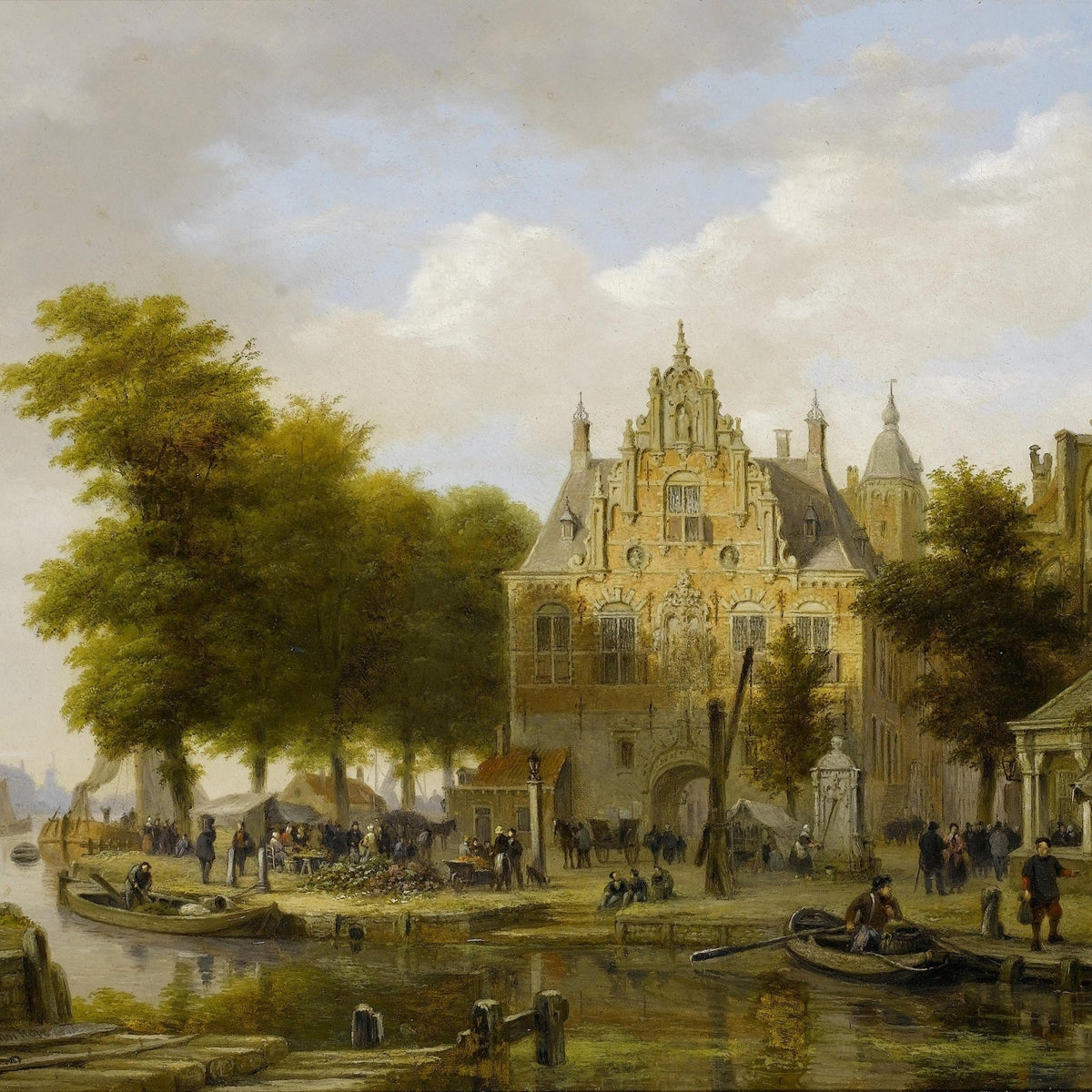Landscape Oil Painting - Dutch Canal, Ornate Architecture & Crowds, Boats - Oil Painting Haven