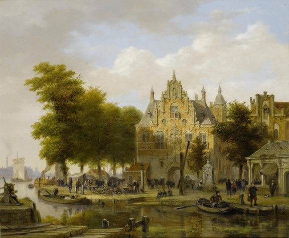 Landscape Oil Painting - Dutch Canal, Ornate Architecture & Crowds, Boats - Oil Painting Haven