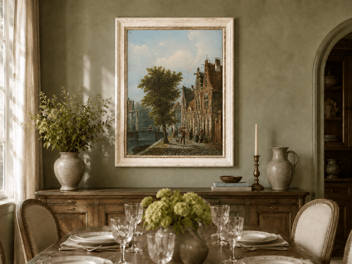 Landscape Oil Painting - Dutch Canal Street with Brick Houses