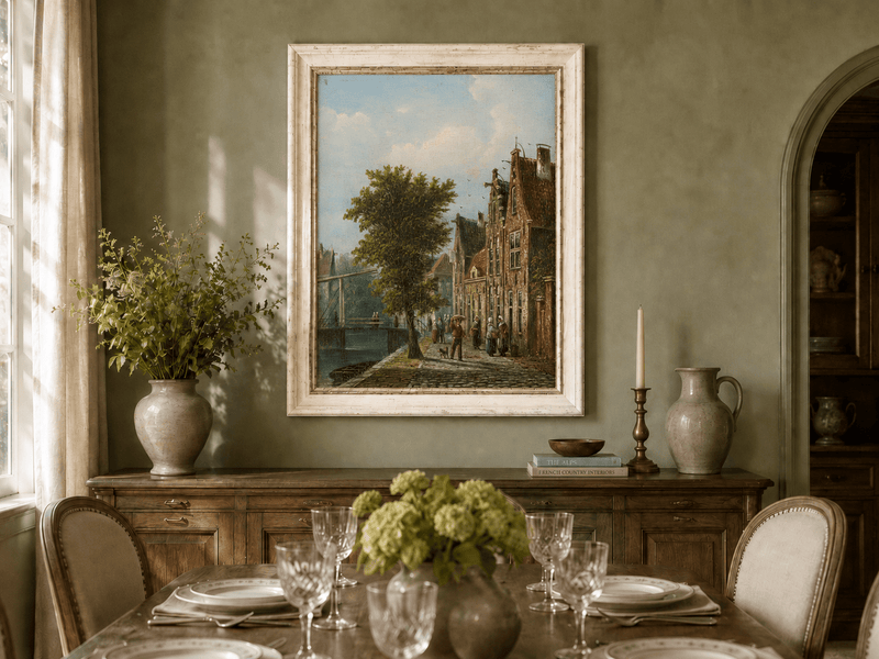 Landscape Oil Painting - Dutch Canal Street with Brick Houses