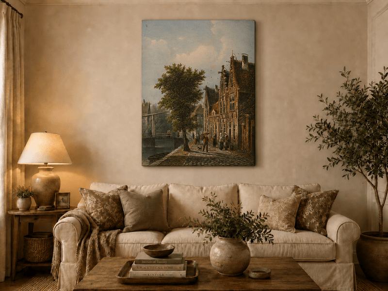 Landscape Oil Painting - Dutch Canal Street with Brick Houses