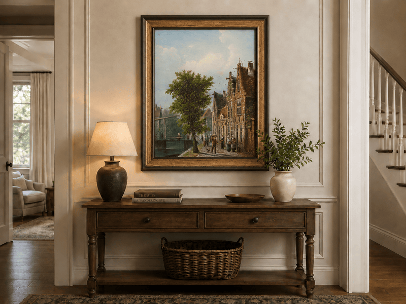 Landscape Oil Painting - Dutch Canal Street with Brick Houses