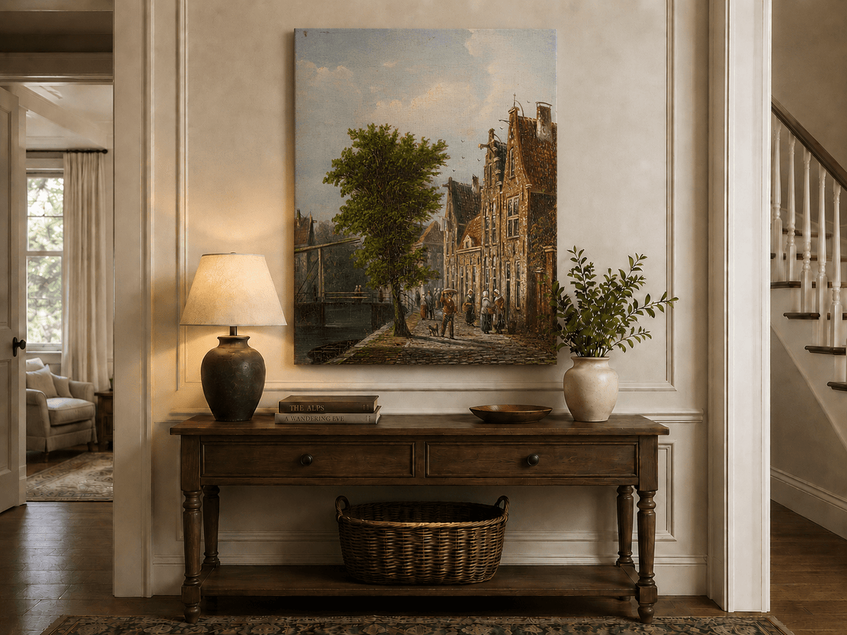 Landscape Oil Painting - Dutch Canal Street with Brick Houses