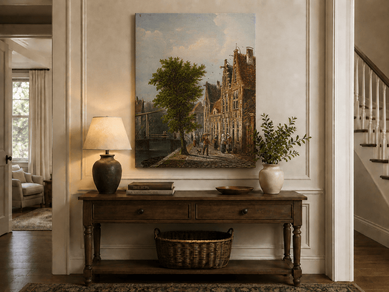 Landscape Oil Painting - Dutch Canal Street with Brick Houses
