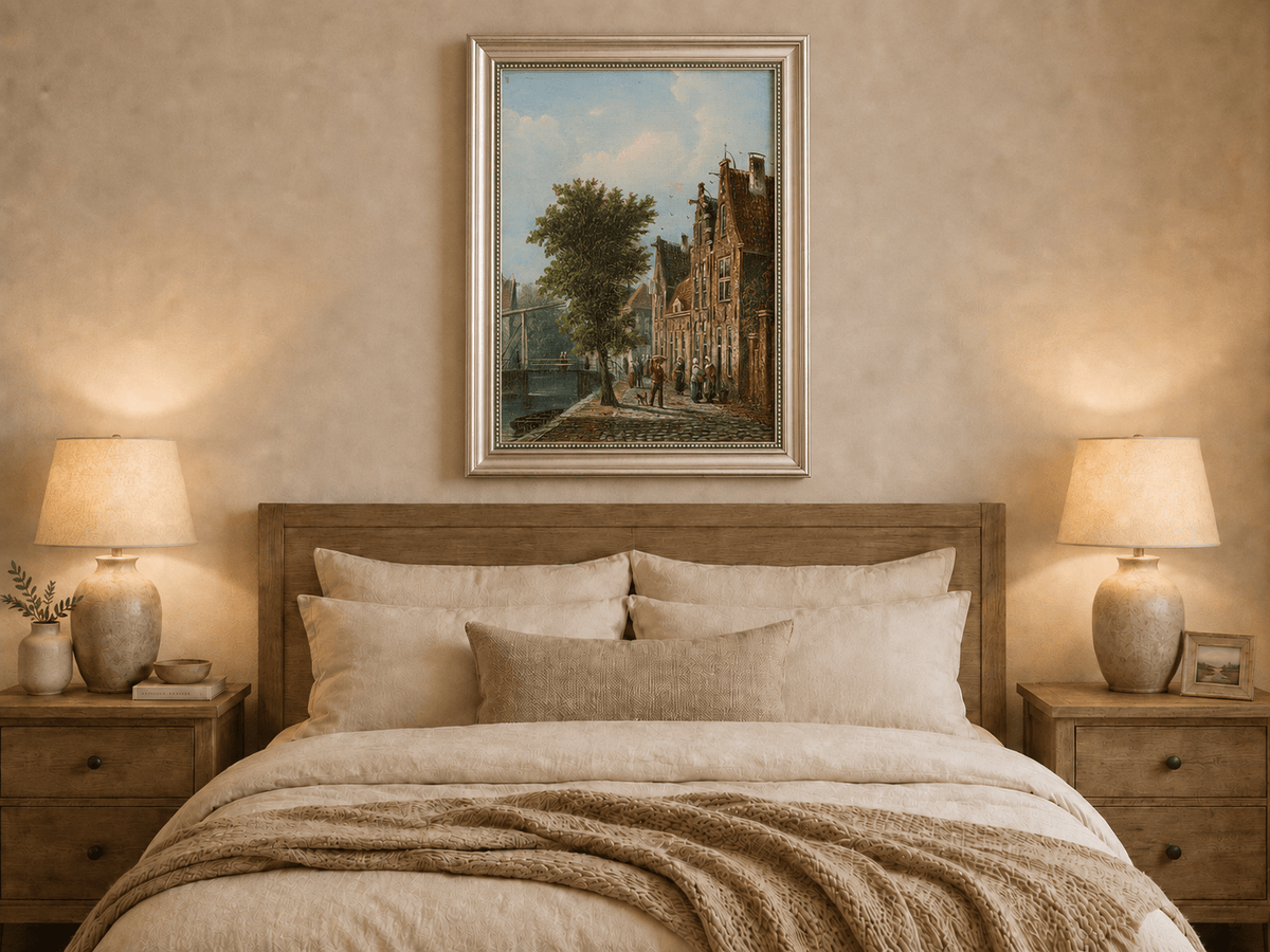 Landscape Oil Painting - Dutch Canal Street with Brick Houses