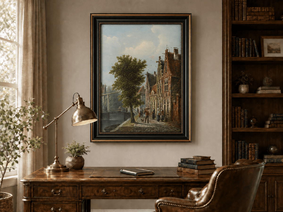 Landscape Oil Painting - Dutch Canal Street with Brick Houses